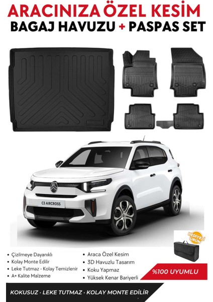 Citroen C3 Aircross 2024-2025 Model Hybrid Alt Bagaj Havuzu+Paspas Full Takım+Hediyeli