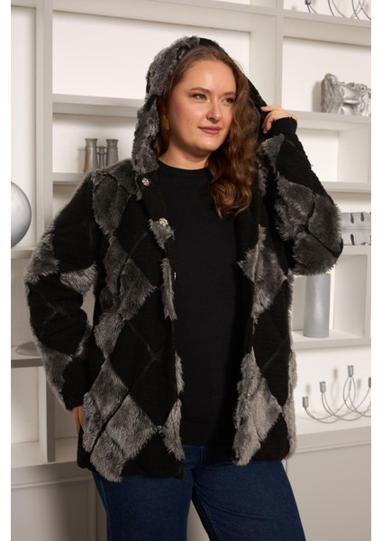 Geometrik Peluş Büyük Beden Kapşonlu Ceket Siyah fiyatları