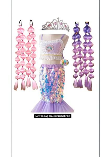 Deniz Kızı Kostüm Elbise Deniz Kızı Etek Deniz Kızı Bubble Saç (Mor-Pembe) Deniz Kızı Taç