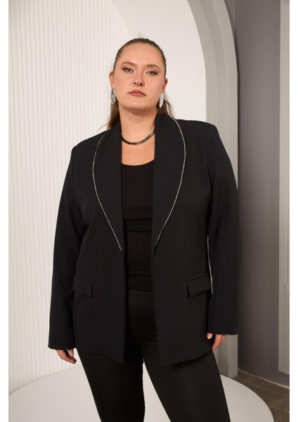 Biye Taş Detaylı Büyük Beden Ceket Siyah