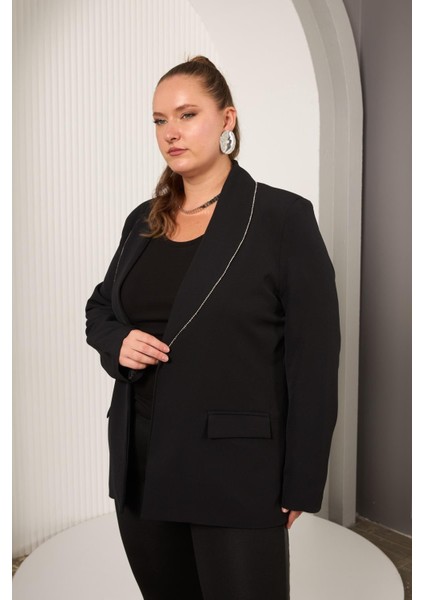 Biye Taş Detaylı Büyük Beden Ceket Siyah indirimleri
