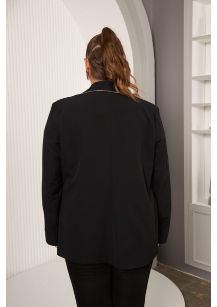 Biye Taş Detaylı Büyük Beden Ceket Siyah