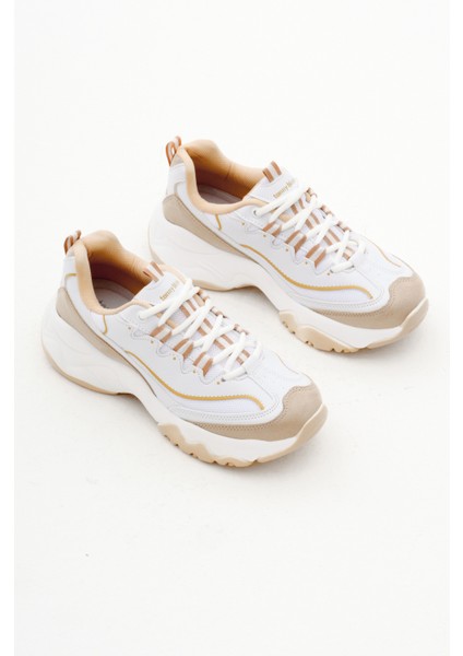Kadın Krem Rahat Kalıp Yüksek Taban Bağcıklı Spor Ayakkabı modelleri