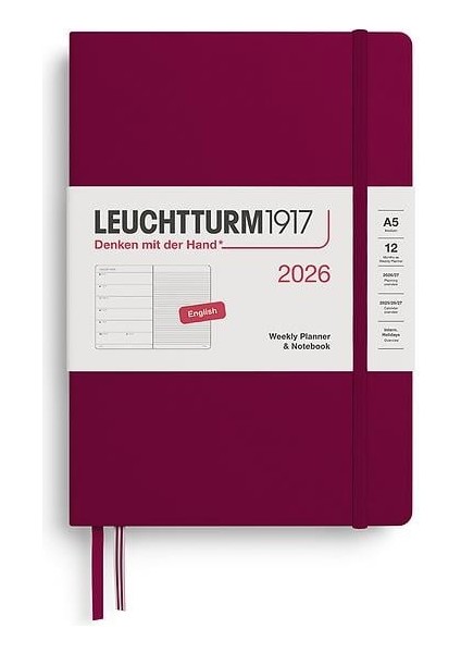 LEUCHTTURM1917 Orta Boy (A5) 12 Aylık Ajanda ve Not Defteri (Çizgili) 2026 Sert Kapak, Ingilizce, Port RED372653