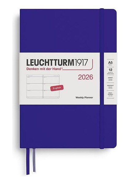 LEUCHTTURM1917 Orta Boy (A5) 12 Aylık Haftalık Ajanda 2026 Sert Kapak, Ingilizce, Ink Mavi 372713