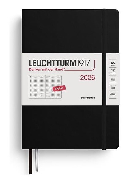 LEUCHTTURM1917 Orta Boy (A5) 12 Aylık Günlük Ajanda (Noktalı) 2026 Sert Kapak, Ingilizce, Siyah 372780