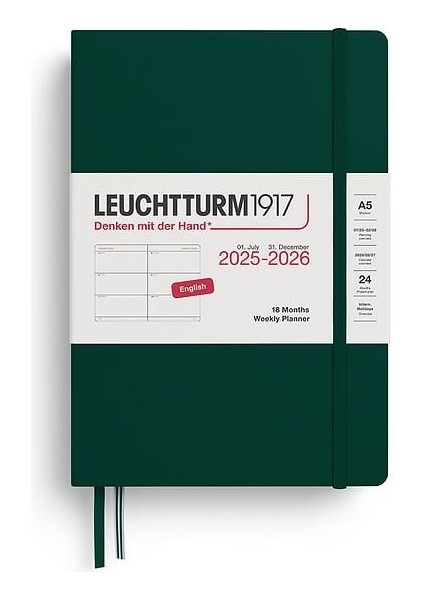 LEUCHTTURM1917 Orta Boy (A5) 18 Aylık Haftalık Ajanda 2026 Sert Kapak, Ingilizce, Forest GREEN372812