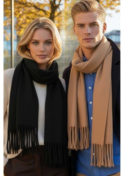 Unisex Yumuşak Dokulu Püsküllü Kışlık Buklet Atkı Şal 2'li Set