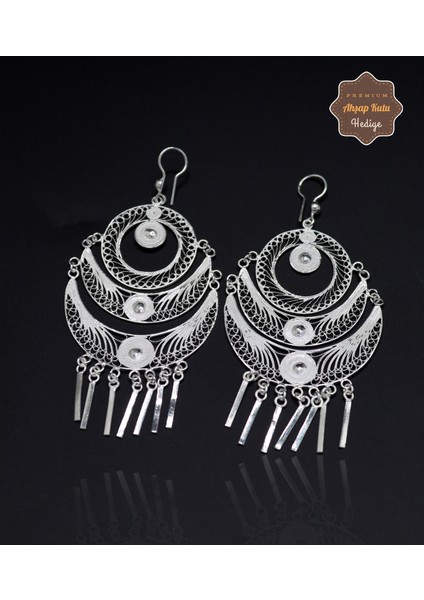 Büyük Boy Sallantılı Hilal Işlemeli 925 Ayar Gümüş Telkari Kadın Küpe 201024664