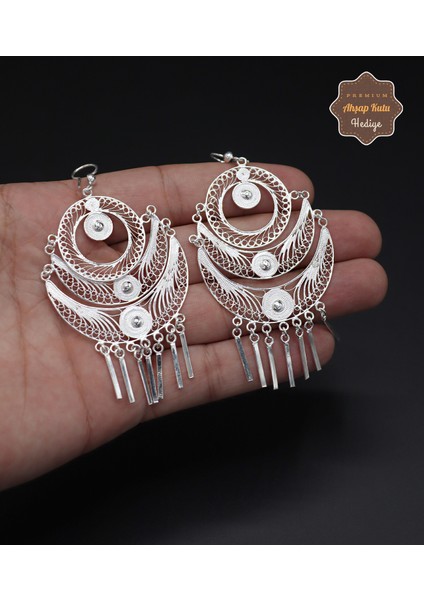 Büyük Boy Sallantılı Hilal Işlemeli 925 Ayar Gümüş Telkari Kadın Küpe 201024664 modelleri