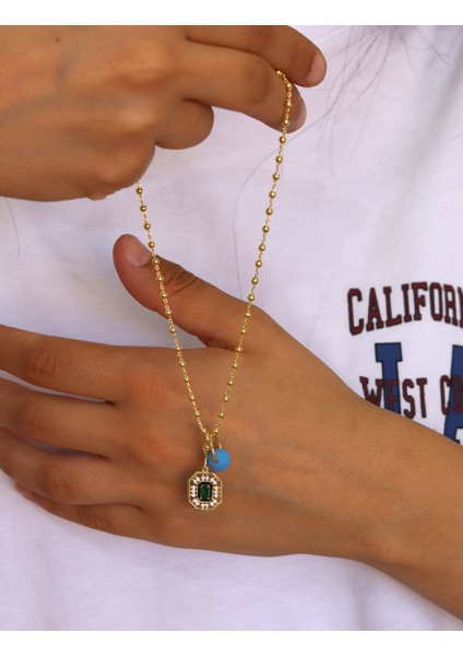 Zümrüt Taşlı Boncuklu Top Model Gold Kaplama 925 Ayar Gümüş Kadın Kolye 201024694