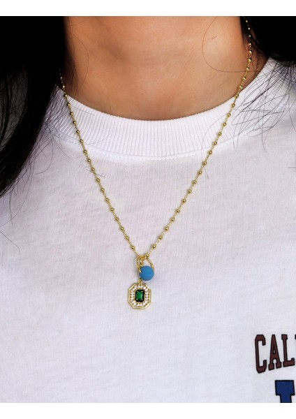 Zümrüt Taşlı Boncuklu Top Model Gold Kaplama 925 Ayar Gümüş Kadın Kolye 201024694 modelleri