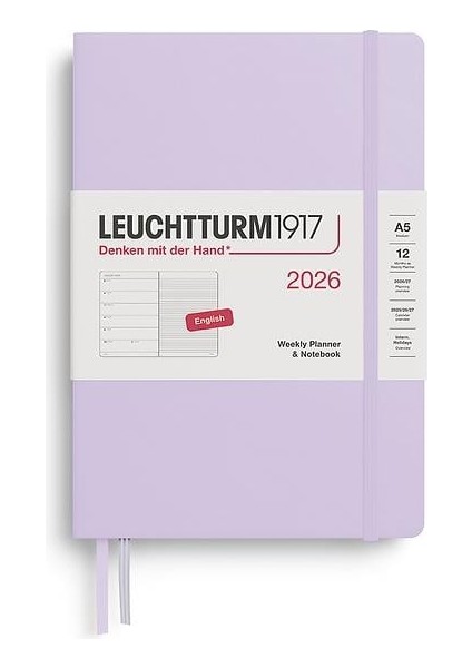 LEUCHTTURM1917 Orta Boy (A5) 12 Aylık Ajanda ve Not Defteri (Çizgili) 2026 Sert Kapak, Ingilizce, LILAC372651
