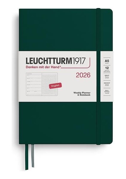 LEUCHTTURM1917 Orta Boy (A5) 12 Aylık Ajanda ve Not Defteri (Noktalı) 2026 Sert Kapak, Ingilizce, Forest GREEN372704