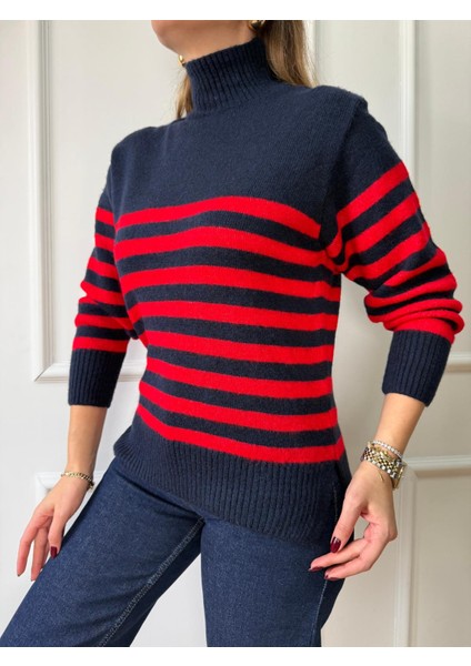 Lacivert Kırmızı Çizgili Kazak