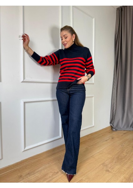 Lacivert Kırmızı Çizgili Kazak modelleri