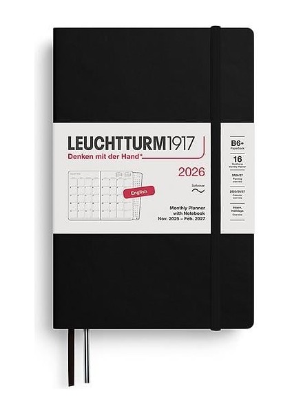 LEUCHTTURM1917 Çanta Boy (B6+) 16 Aylık Ajanda ve Not Defteri (Çizgili) 2026 Yumuşak Kapak, Ingilizce, Siyah 372790