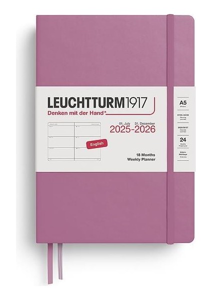 LEUCHTTURM1917 Orta Boy (A5) 18 Aylık Haftalık Ajanda 2026 Sert Kapak, Ingilizce, Dusty ROSE372809