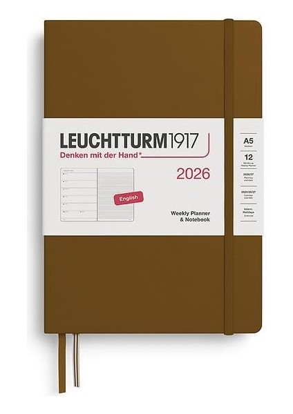 LEUCHTTURM1917 Orta Boy (A5) 12 Aylık Ajanda ve Not Defteri (Çizgili) 2026 Sert Kapak, Ingilizce, Spicy BROWN372662