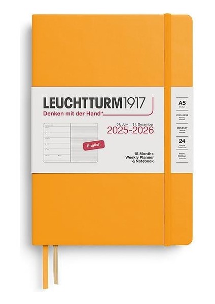 LEUCHTTURM1917 Orta Boy (A5) 18 Aylık Ajanda ve Not Defteri (Çizgili) 2026 Sert Kapak, Ingilizce, Rising Sun 372798