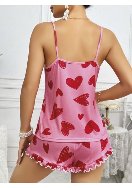 Kadın Pembe Kalp Baskılı Şortlu Gecelik Pijama Takımı 5050 fiyatları