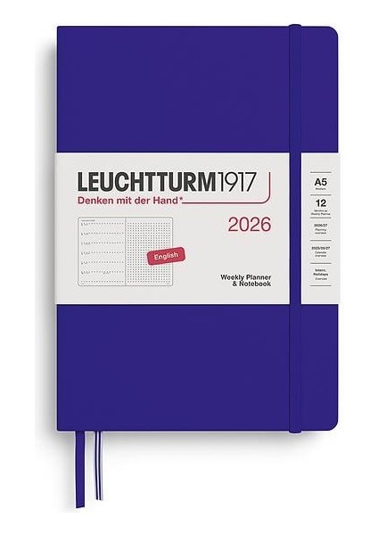 LEUCHTTURM1917 Orta Boy (A5) 12 Aylık Ajanda ve Not Defteri (Noktalı) 2026 Sert Kapak, Ingilizce, Ink Mavi 372705