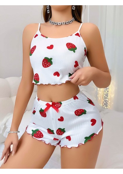 Kadın Beyaz Çilek Desenli Şortlu Pijama Takımı 5053