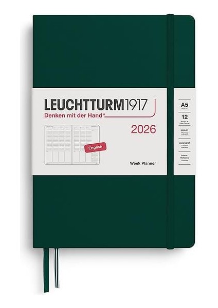 LEUCHTTURM1917 Orta Boy (A5) 12 Aylık Hafta Ajandası 2026 Sert Kapak, Ingilizce, Forest GREEN372763