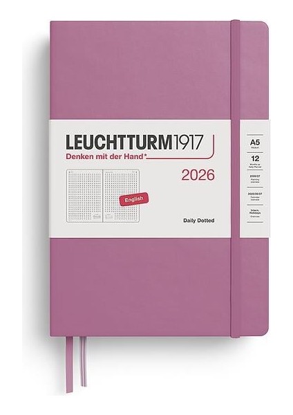 LEUCHTTURM1917 Orta Boy (A5) 12 Aylık Günlük Ajanda (Noktalı) 2026 Sert Kapak, Ingilizce, Dusty ROSE372781