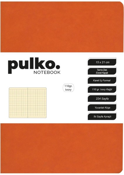 Defter 110GR Ivory Kağıt, A5, Termo Deri, 224 Sayfa, Kareli, 047, Turuncu