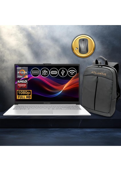 Vivobook Go 15 RYZEN5-7520U 8gb 512GB Nvme SSD E1504FA-BQ1741 ATL13 15.6" Freedos Notebook+Çanta+Mouse