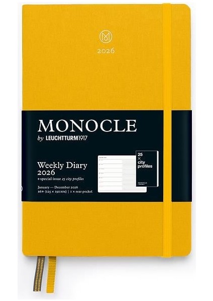 LEUCHTTURM1917 Monocle Çanta Boy (B6+) 12 Aylık Ajanda ve Not Defteri (Çizgili) 2026 Sert Kapak, Ingilizce, Sarı 373021
