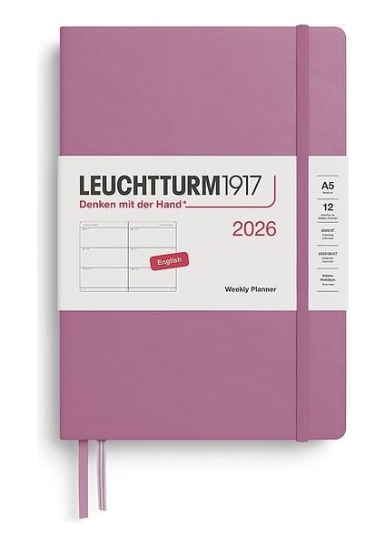 LEUCHTTURM1917 Orta Boy (A5) 12 Aylık Haftalık Ajanda 2026 Sert Kapak, Ingilizce, Dusty ROSE372707