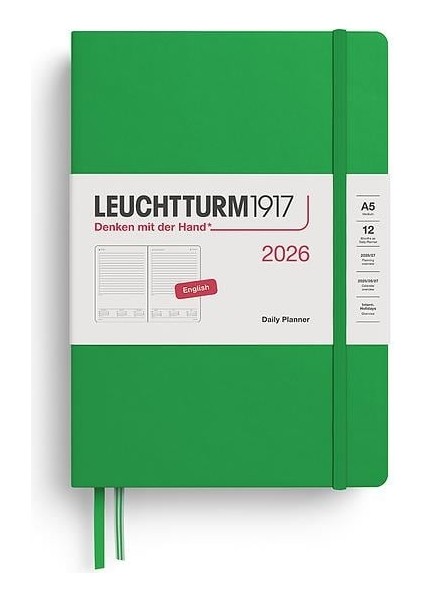 LEUCHTTURM1917 Orta Boy (A5) 12 Aylık Günlük Ajanda (Çizgili) 2026 Sert Kapak, Ingilizce, Spring LEAF372775