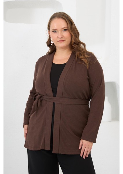 Belden Bağlamalı Örme Büyük Beden Hırka Kahverengi
