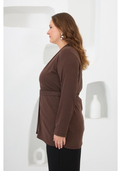 Belden Bağlamalı Örme Büyük Beden Hırka Kahverengi fiyatları