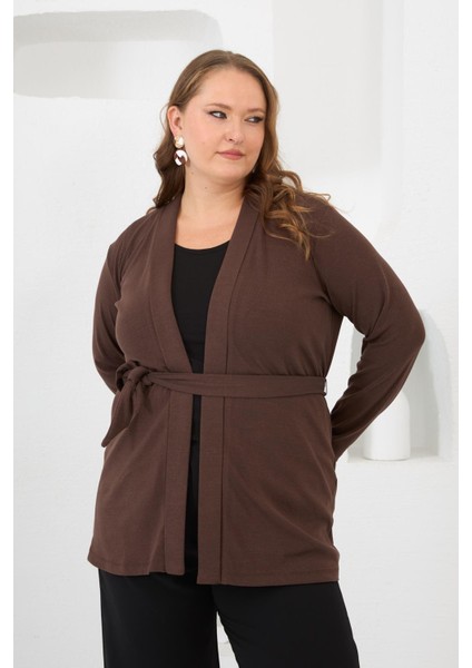 Belden Bağlamalı Örme Büyük Beden Hırka Kahverengi modelleri