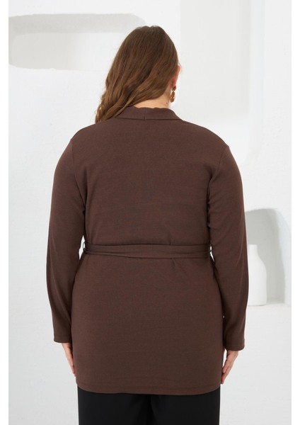 Belden Bağlamalı Örme Büyük Beden Hırka Kahverengi fırsatları