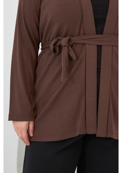 Belden Bağlamalı Örme Büyük Beden Hırka Kahverengi indirimleri