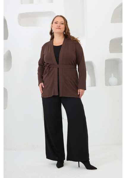 Belden Bağlamalı Örme Büyük Beden Hırka Kahverengi