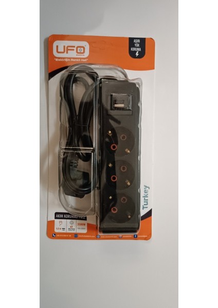 Merkez 3500W Akım Korumalı Anahtarlı (1.5 Metre) ve Usb'li Üçlü Grup Priz Siyah