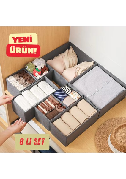 8'li Çekmece Dolap Içi Düzenleyici Kutu Raf Set Bebek Eşyası Çocuk Odası Banyo Organizer/gri