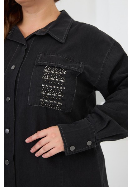 Cep Taş Detaylı Büyük Beden Gömlek Füme fiyatları