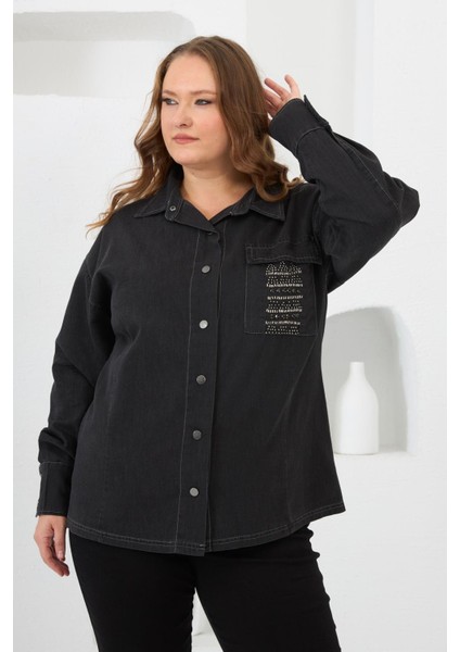Cep Taş Detaylı Büyük Beden Gömlek Füme fırsatları