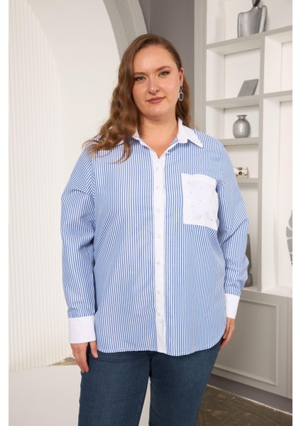 Büyük Beden Garnili Çizgili Gömlek Indigo