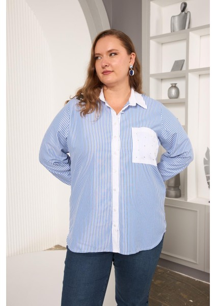 Büyük Beden Garnili Çizgili Gömlek Indigo fiyatları