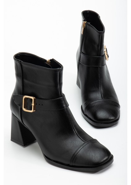 Kadın Siyah Cilt Tpu Taban Kemer Toka Detaylı Fermuarlı Topuklu Bot fiyatları