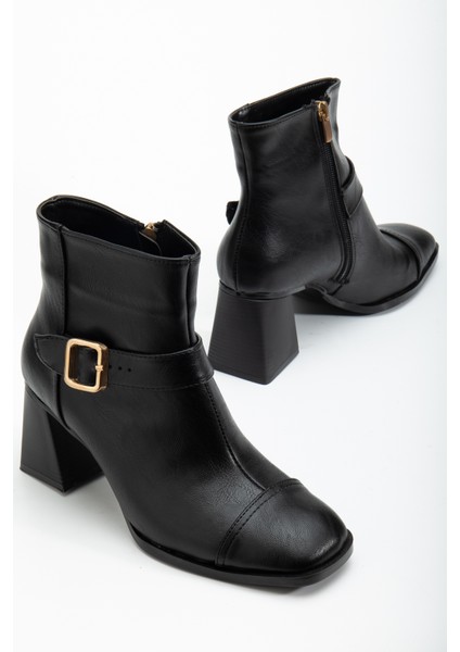 Kadın Siyah Cilt Tpu Taban Kemer Toka Detaylı Fermuarlı Topuklu Bot modelleri