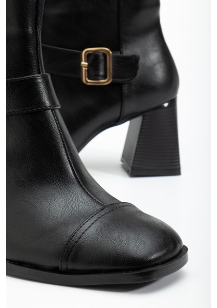 Kadın Siyah Cilt Tpu Taban Kemer Toka Detaylı Fermuarlı Topuklu Bot fırsatları