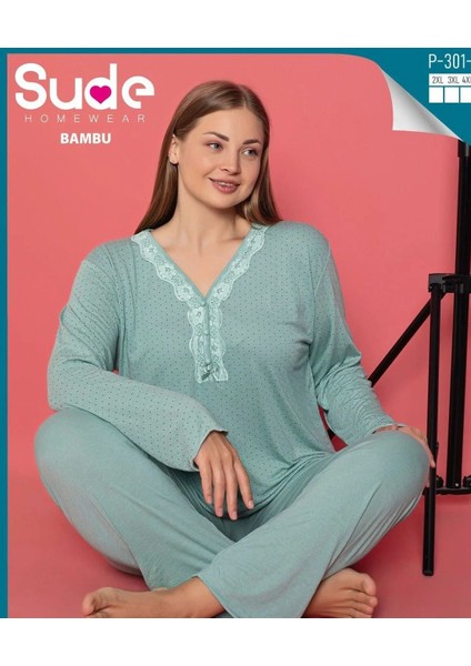Kadın Uzun Kollu Bambu Büyük Beden Pijama Takımı
